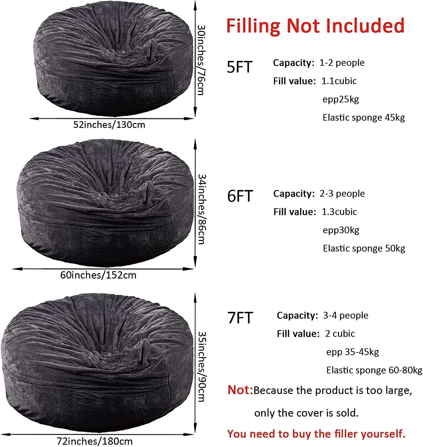 EKWQ 5 6 7 FT Bean Bag Chair Cover Chair Cushion, Big Round Soft Fluffy PV Velvet Sofa Bed Cover(it was only a Cover, not a Full Bean Bag) Living Room Furniture Lazy Sofa Bed Cover, Black, 5FT - Image 5