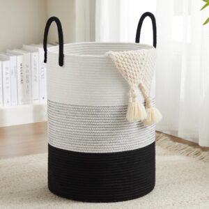 Cotton Rope Laundry Hamper by Fiona's magic, Tall Woven Laundry Basket Storage, Baby Nursery Hamper for Blankets, Toys and Clothes Hamper for Bedroom and Living Room Organizing, 58L, Black & White