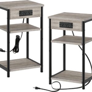 Rolanstar End Table with Charging Station, Set of 2 Nightstand with 3 Storage Shelves, Narrow Side Table with USB Ports & Power Outlets, Small Sofa Table for Living Room or Bedroom, Greige