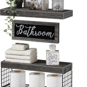 QEEIG Bathroom Furniture Sets, Shelves Over Toilet Bathroom Decor Farmhouse Decorations Aesthetic Décor Sign Small Wall Shelf 2+1 Set 16 inch, Grey