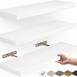 BAYKA Floating Shelves, Wall Mounted Rustic Wood Shelves for Bathroom, Bedroom, Living Room, Kitchen, Small Hanging Shelf for Books/Storage/Room Decor with 22lbs Capacity (White, Set of 3, 16in)