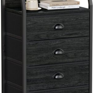 Furnulem Tall 4 Drawers Dresser, Vertical Storage Tower Black Dresser for Bedroom, Hallway, Entryway, Nursery, Closet Organizer, Nightstand Bedside Table Furniture, Sturdy Steel Frame, Wood Top