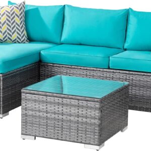 Shintenchi Patio Furniture Sets 3 Pieces Outdoor Sectional Sofa Silver All-Weather Rattan Wicker Sofa Small Patio Conversation Couch with Washable Cushion and Glass Table (Sky Blue)
