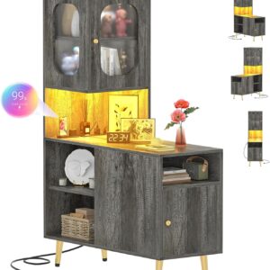 Cyclysio Corner Cabinet with LED Lights, Reversible Storage Cabinet with Power Outlets, Corner Storage Cabinet with Doors for Living Room, Bedroom, Grey Oak