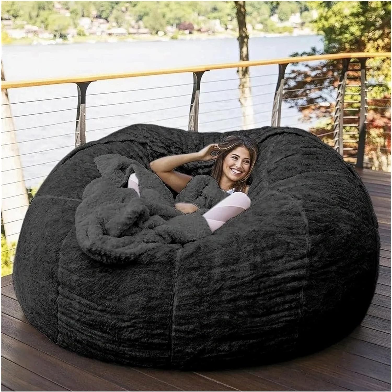 EKWQ 5 6 7 FT Bean Bag Chair Cover Chair Cushion, Big Round Soft Fluffy PV Velvet Sofa Bed Cover(it was only a Cover, not a Full Bean Bag) Living Room Furniture Lazy Sofa Bed Cover, Black, 5FT