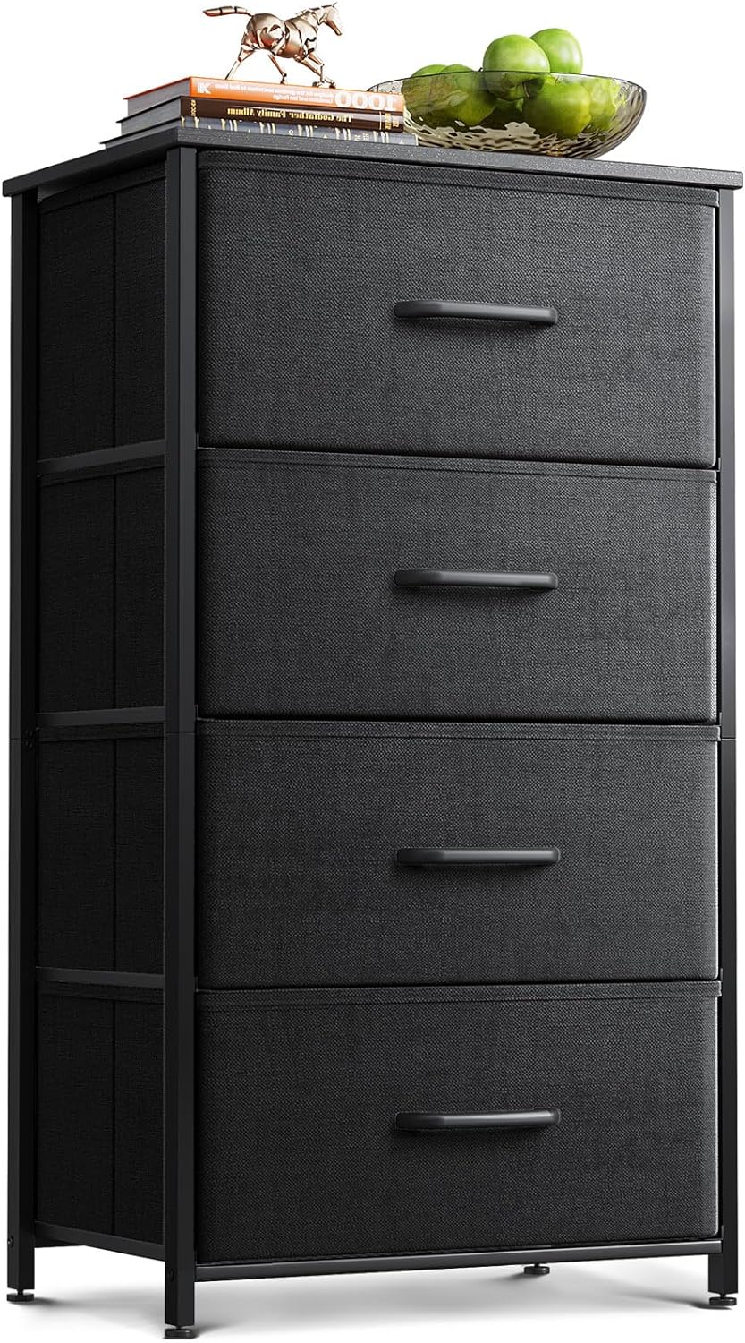 AODK Dresser for Bedroom with 4 Storage Drawers, Small Dresser Chest of Drawers Fabric Dresser with Sturdy Steel Frame, Black