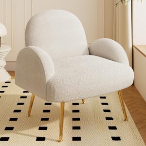 Dewhut Modern Sherpa Boucle Accent Chair, Upholstered Arm Vanity Chair with Metal Legs for Corner, Fluffy Reading Side Chairs for Living Room, Bedrooms, Home Office, Dorm, Reading Nook (Cream White)