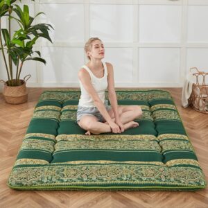 Zelladorra Japanese Floor Mattress, Futon Mattress with Portable Storage Bag, Roll Up Mattress Thick Tatami Mattress Suitable for Camping, Guest Room (Bohemian Green, Twin)