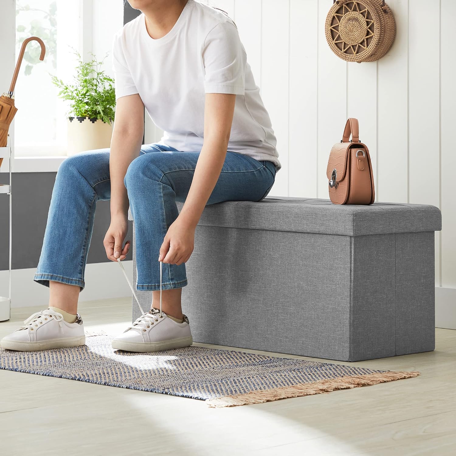 SONGMICS 30 Inches Folding Storage Ottoman Bench, Storage Chest, Foot Rest Stool, Light Gray ULSF47G, 15 x 30 x 15 Inches - Image 6