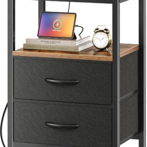 Huuger Nightstand with Charging Station, Side Table with Fabric Drawers, End Table with Open Shelf, Bedside Table with USB Ports and Outlets, Night Stand for Bedroom, Rustic Brown and Black