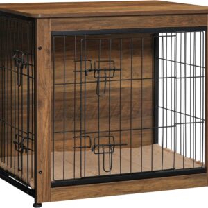 DWANTON Dog Crate Furniture with Cushion, Wooden Dog Crate with Double Doors, Dog Furniture, Dog Kennel Indoor for Small/Medium/Large Dog，End Table, Small, 27.2" L, Warm Brown