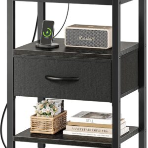 SUPERJARE Nightstand with Charging Station, Bed Side Table with Adjustable Fabric Drawer, Night Stand for Bedroom, 3-Tier Storage End Table, for Living Room - Black