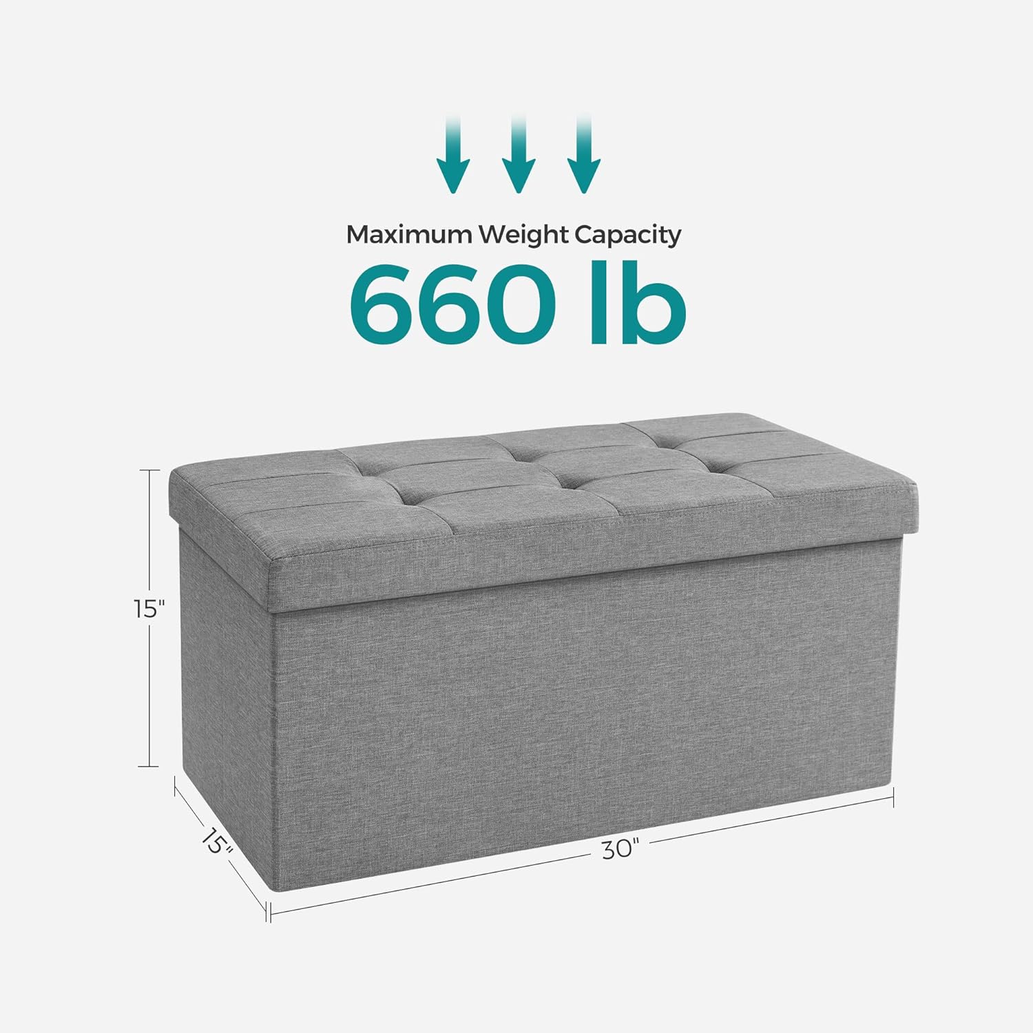 SONGMICS 30 Inches Folding Storage Ottoman Bench, Storage Chest, Foot Rest Stool, Light Gray ULSF47G, 15 x 30 x 15 Inches - Image 3
