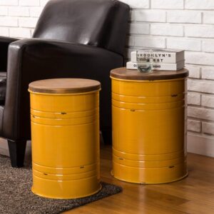 glitzhome Nesting Table with Storage, Set of 2 Farmhouse End Side Tables with Lid, Metal Barrel Rustic Accent Stools for Living Room Bedroom Office, Yellow
