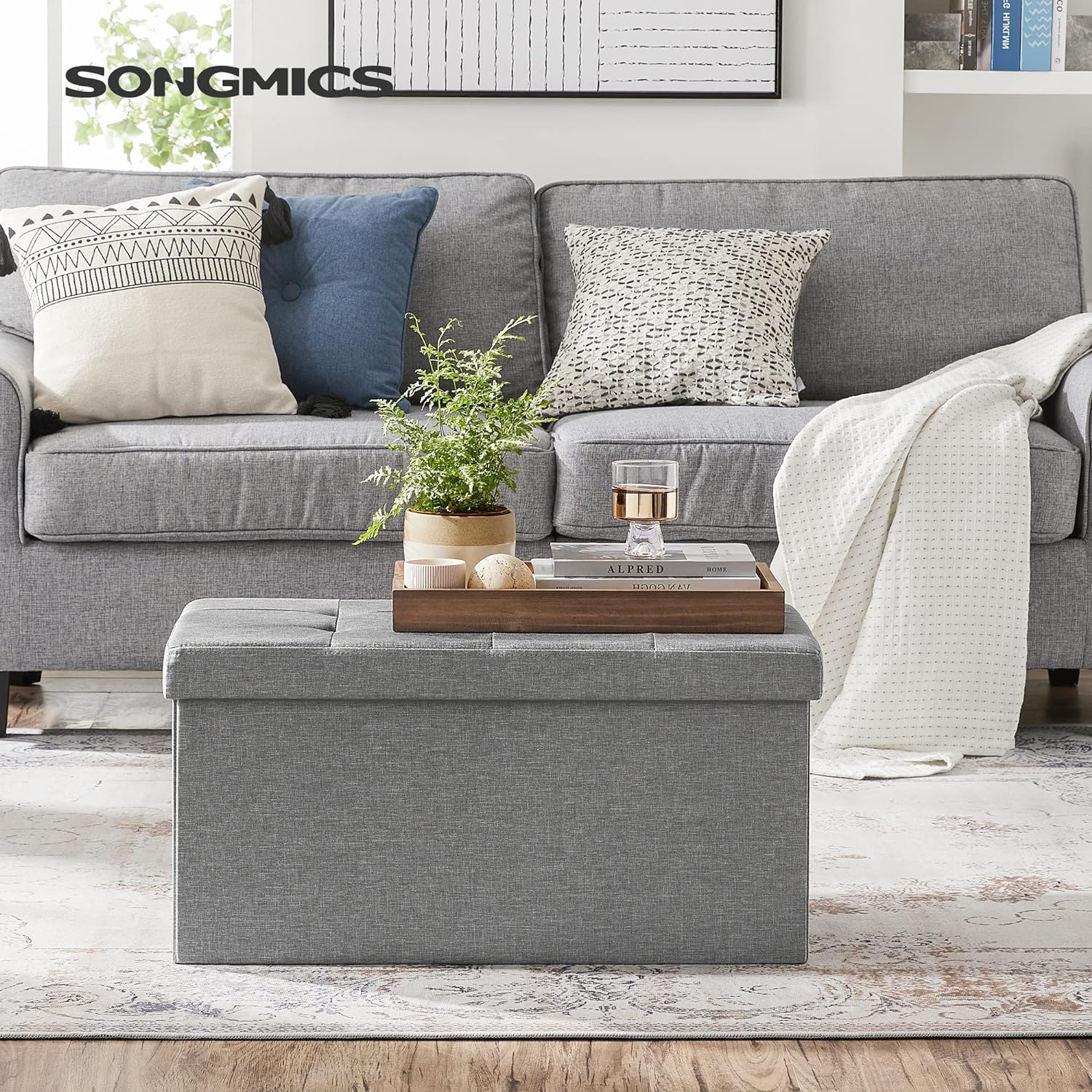 SONGMICS 30 Inches Folding Storage Ottoman Bench, Storage Chest, Foot Rest Stool, Light Gray ULSF47G, 15 x 30 x 15 Inches - Image 2
